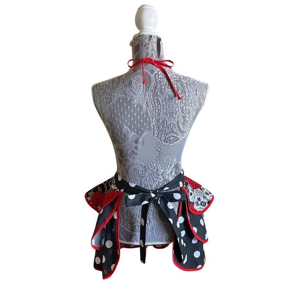 Handmade Skeleton Rose Polka Dot Ruffled Apron - Picture 3 of 5